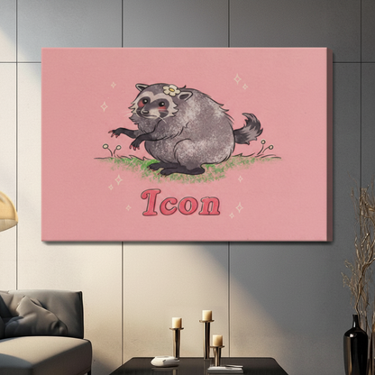 Stretched canvas funny raccoon Icon wall art featuring a round fluffy gray raccoon with a daisy on its head sitting on a patch of grass with bold pink retro Icon lettering on a blush pink background, hung above a dark sofa in a contemporary living room