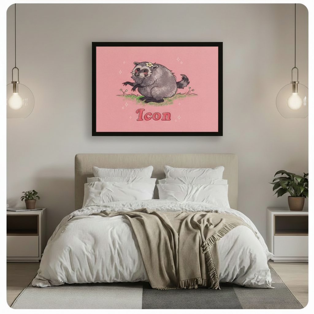 Black framed funny raccoon Icon canvas art with a plump gray raccoon with a daisy crown on green grass and bold pink retro Icon text on a blush pink background, hung above a bed with white linen bedding and glass pendant lights in a modern bedroom