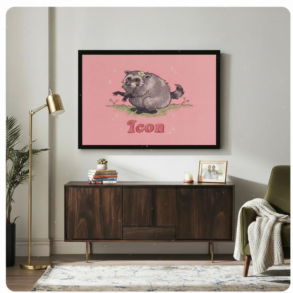 Black framed funny raccoon Icon canvas art showing a chubby fluffy gray raccoon with a daisy flower crown and bold pink retro Icon lettering on a soft blush pink background, displayed above a dark walnut sideboard with a gold floor lamp and olive green armchair