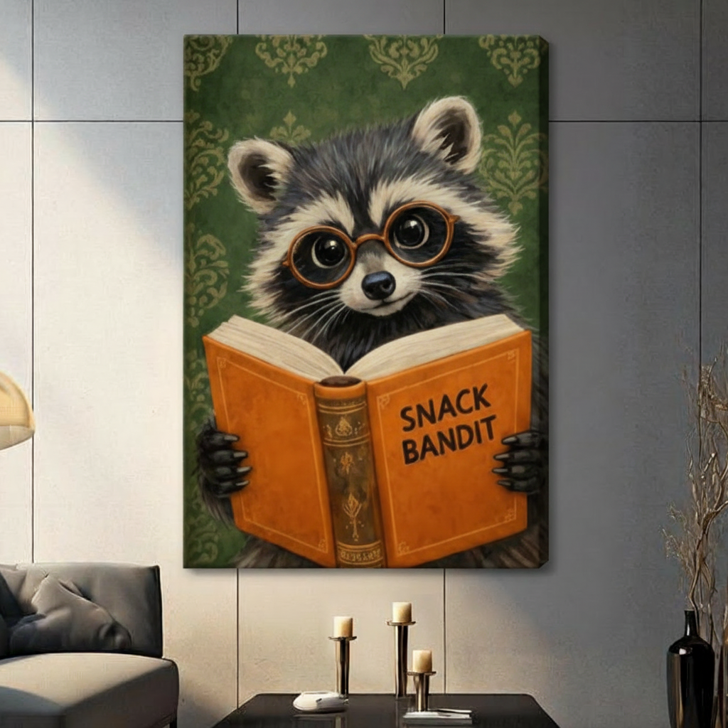 Cute raccoon in round bronze glasses clutching open Snack Bandit book with dark green damask wallpaper background canvas wall art print hanging in a contemporary living room with dark gray tiled wall and gray sofa