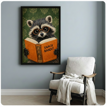 Adorable raccoon with oversized round glasses holding orange Snack Bandit hardcover book vintage illustration framed art poster displayed beside a wooden armchair with white draped throw blanket against a soft blue-gray wall