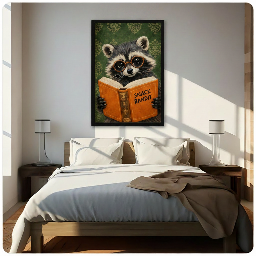 Funny raccoon with round glasses and Snack Bandit orange book vintage oil painting framed wall art print hanging above a modern bedroom bed with white linen bedding, dark wood nightstands, and minimalist white table lamps