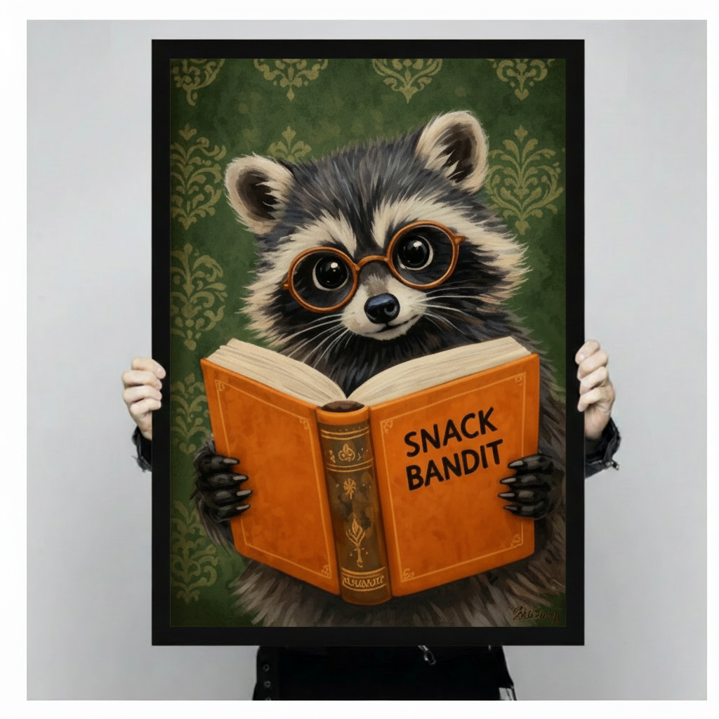 Humorous big-eyed raccoon wearing copper round glasses reading orange Snack Bandit book with green damask background vintage oil painting framed wall art print held up for size reference against a light gray neutral background