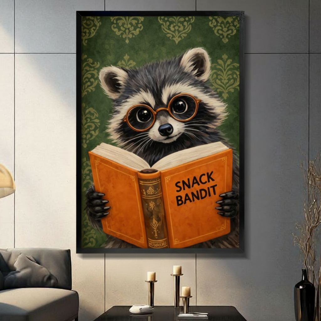 Funny raccoon with big eyes and round copper glasses reading Snack Bandit orange hardcover book vintage oil painting framed wall art print displayed in a living room with gray sofa, pillar candle holders, and black decorative vase against dark gray tiled wall
