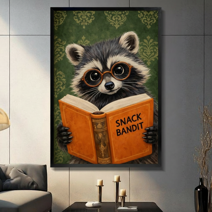 Funny raccoon with big eyes and round copper glasses reading Snack Bandit orange hardcover book vintage oil painting framed wall art print displayed in a living room with gray sofa, pillar candle holders, and black decorative vase against dark gray tiled wall