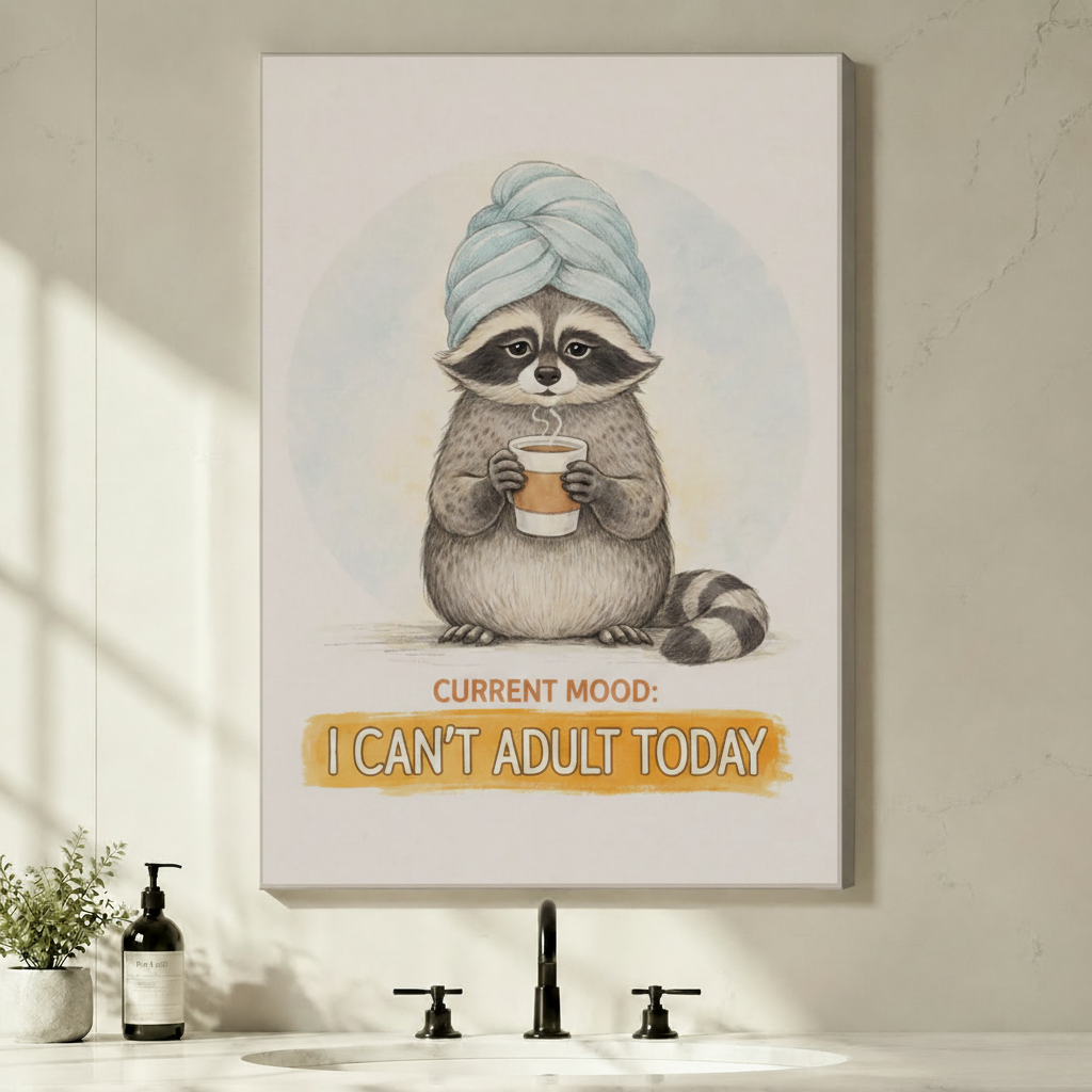 Stretched canvas funny raccoon with towel and coffee I Can't Adult Today wall art featuring a round fluffy gray raccoon with a blue twisted towel turban cradling a steaming coffee cup with a weary deadpan expression above a bold golden yellow I Can't Adult Today quote banner on a soft off-white background, hung above a black faucet bathroom sink