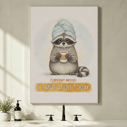 Stretched canvas funny raccoon with towel and coffee I Can't Adult Today wall art featuring a round fluffy gray raccoon with a blue twisted towel turban cradling a steaming coffee cup with a weary deadpan expression above a bold golden yellow I Can't Adult Today quote banner on a soft off-white background, hung above a black faucet bathroom sink