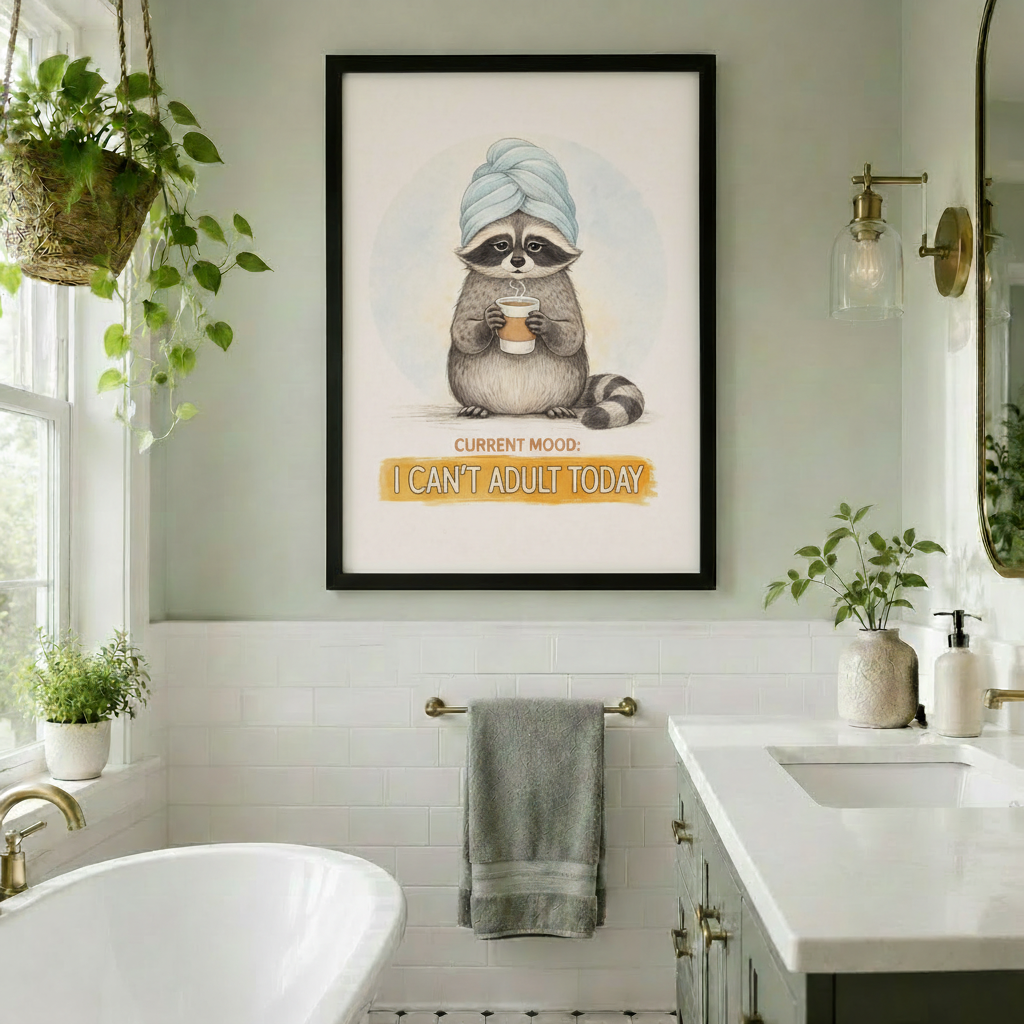 Black framed funny raccoon with towel and coffee I Can't Adult Today canvas art with a round fluffy gray raccoon in a blue towel turban holding a steaming coffee cup with a tired expression above a golden yellow I Can't Adult Today text banner on a soft off-white background, hung in a bright boho bathroom with white subway tiles gold hardware a freestanding tub and hanging plants
