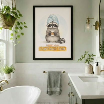 Black framed funny raccoon with towel and coffee I Can't Adult Today canvas art with a round fluffy gray raccoon in a blue towel turban holding a steaming coffee cup with a tired expression above a golden yellow I Can't Adult Today text banner on a soft off-white background, hung in a bright boho bathroom with white subway tiles gold hardware a freestanding tub and hanging plants
