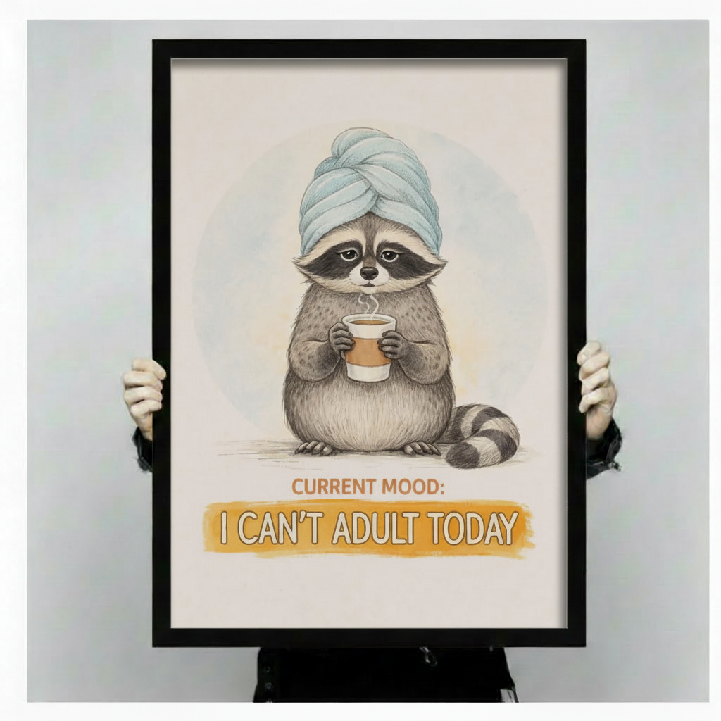 Hands holding a large black framed funny raccoon with towel and coffee I Can't Adult Today canvas art print with a chubby gray raccoon wearing a blue twisted towel turban clutching a steaming coffee cup with a weary deadpan face above a bold golden yellow I Can't Adult Today quote banner on a soft off-white background