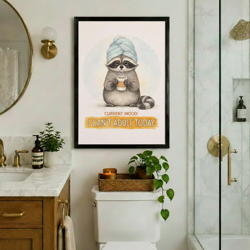 Black framed funny raccoon with towel and coffee I Can't Adult Today canvas art showing a plump gray raccoon with a blue towel turban holding a steaming coffee cup with a tired resigned expression above a golden yellow I Can't Adult Today text banner on a soft off-white background, hung above a toilet in a luxury bathroom with gold fixtures a marble countertop and a glass shower enclosure