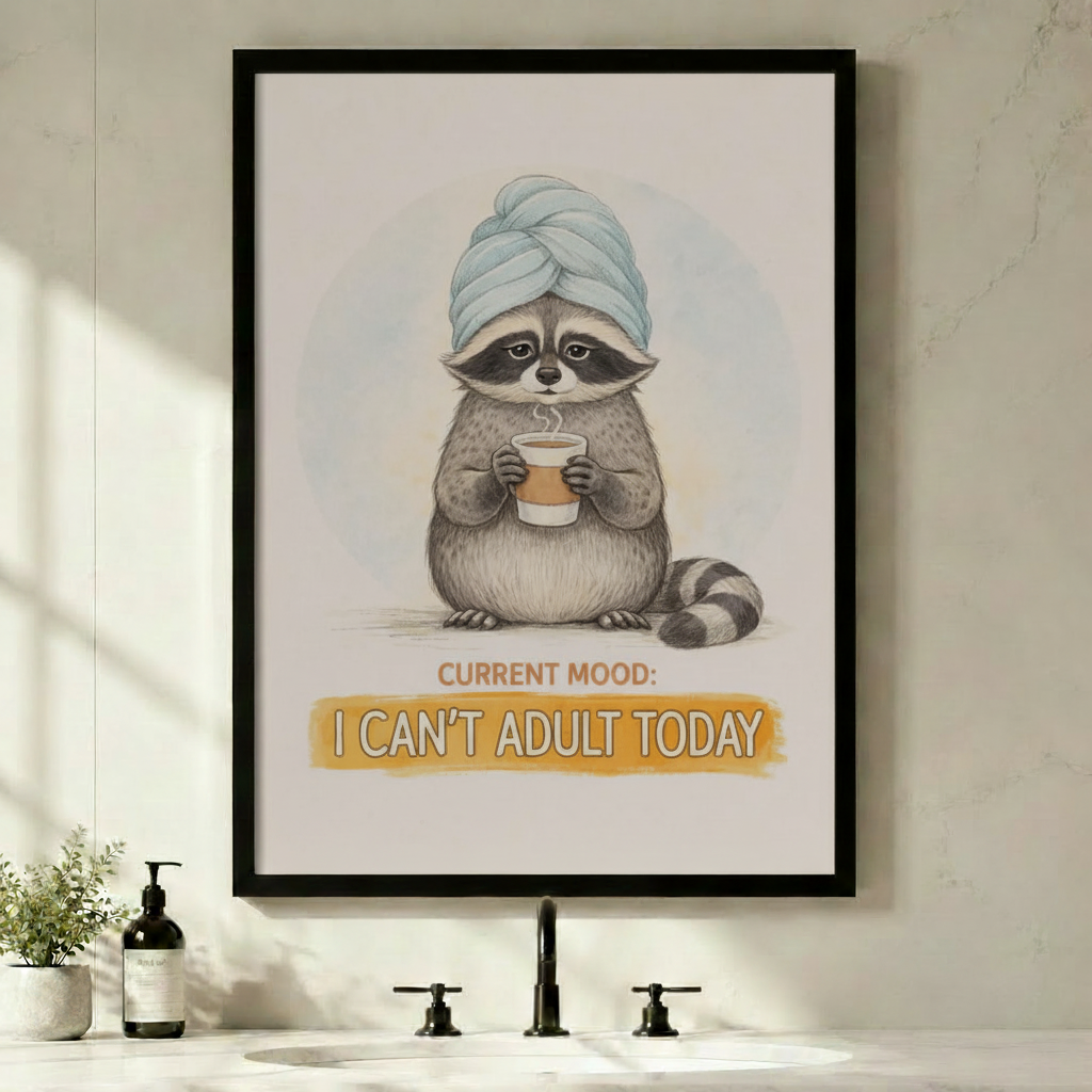 Black framed funny raccoon with towel and coffee I Can't Adult Today canvas art with a chubby gray raccoon wearing a twisted blue towel turban on its head holding a steaming coffee cup with a tired expression above a golden yellow I Can't Adult Today text banner on a soft off-white background, hung above a black faucet bathroom sink with a green plant