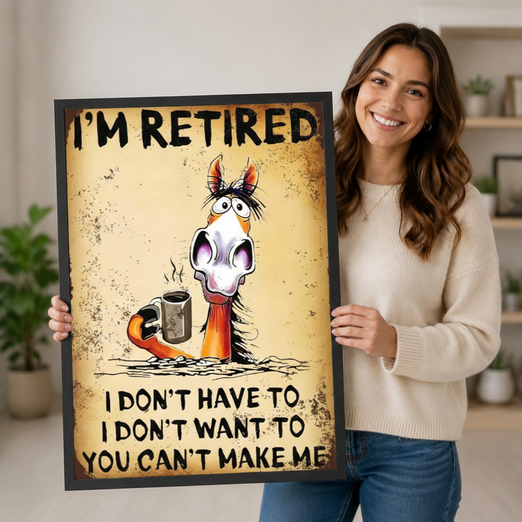 Smiling woman in a cream sweater holding a large vertical black framed retro grunge funny retired horse coffee canvas art print showing bold I'm Retired lettering above a startled wide-eyed cartoon horse with disheveled mane clutching a steaming metal coffee cup with the cheeky quote I Don't Have To I Don't Want To You Can't Make Me on a heavily distressed aged amber rust-textured background in a bright plant-filled room