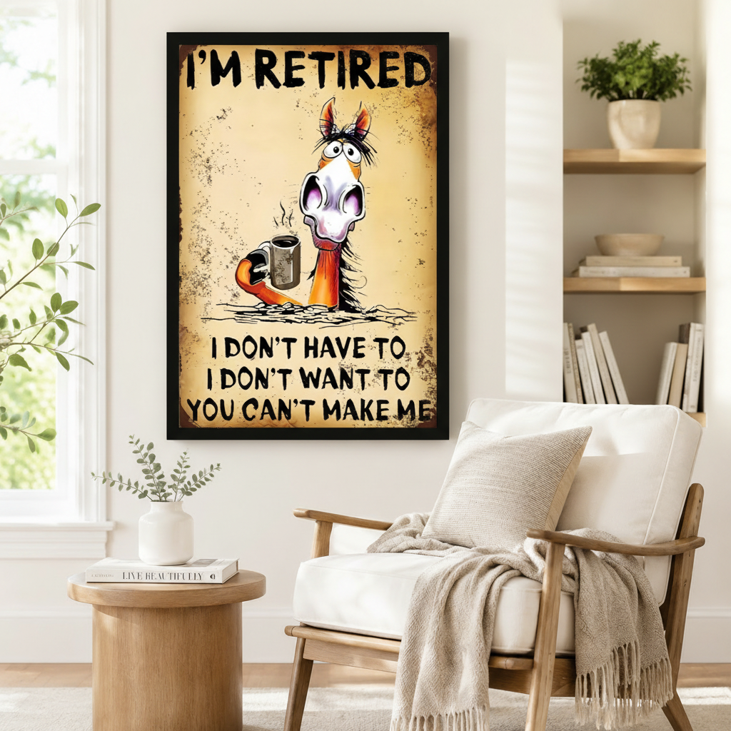 Black framed retro grunge funny retired horse coffee canvas art showing bold I'm Retired text above a startled wide-eyed cartoon horse with a tangled mane holding a hot steaming metal coffee mug with the humorous retirement quote I Don't Have To I Don't Want To You Can't Make Me on a distressed aged yellow-brown rust-mottled background, displayed on a white wall beside a white wooden armchair with a cream fringed throw and a round wood side table with a book in a bright reading nook with open shelving and g