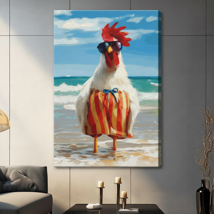 Stretched canvas funny rooster on beach with sunglasses and striped shorts wall art featuring a bold white rooster in dark sunglasses and red-yellow striped swim shorts standing confidently on a sunny sandy beach with rolling turquoise waves in oil-paint style, hung on a gray panel wall above a dark gray sofa
