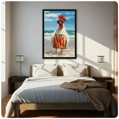 Black framed funny rooster on beach with sunglasses and striped shorts canvas art with a cool white rooster wearing dark sunglasses and red-yellow striped swim shorts standing on a sandy beach with rolling turquoise waves, hung above a dark wood bed with white linen bedding