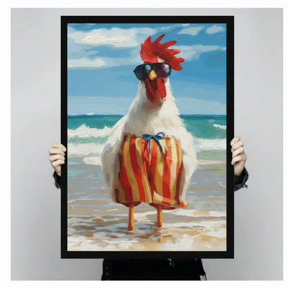 Hands holding a large black framed funny rooster on beach with sunglasses and striped shorts canvas art print with a confident white rooster in dark sunglasses and bold red-yellow striped swim trunks standing on a sunny sandy beach with turquoise ocean waves in oil-paint style