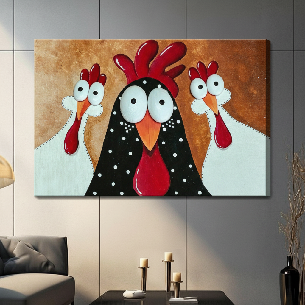 Stretched canvas funny rooster and two chickens wall art featuring three wide-eyed cartoon birds — a bold black speckled rooster with a red comb between two white hens on a warm amber textured background, hung above a dark sofa in a contemporary living room