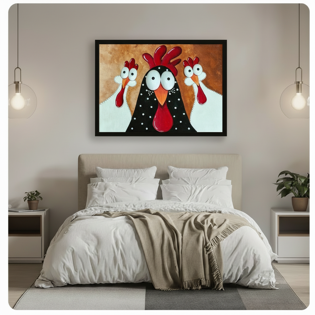 Black framed funny rooster and two chickens canvas art with three bug-eyed cartoon birds — a black speckled rooster flanked by two white hens on a warm amber background, hung above a bed with white linen bedding and pendant lights in a modern bedroom