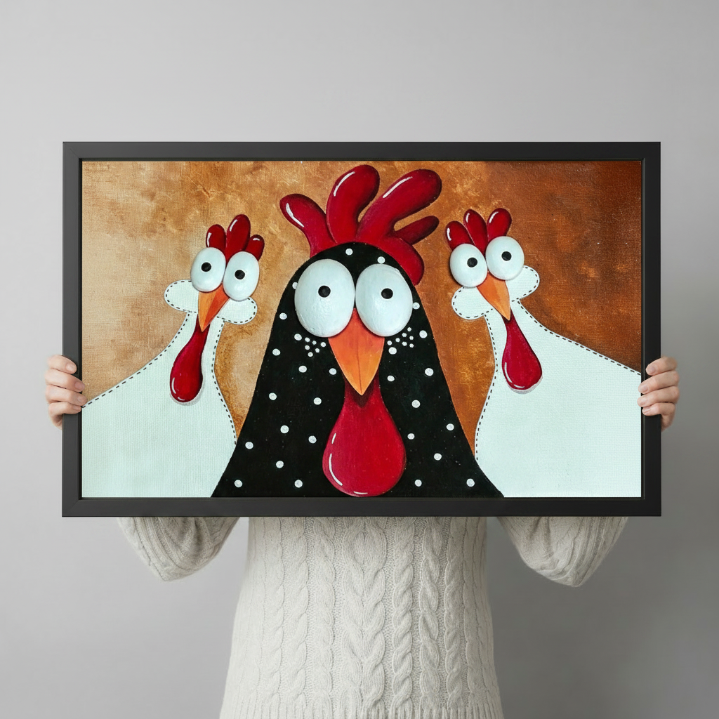Person holding a large horizontal black framed funny rooster and two chickens canvas art print with three googly-eyed cartoon birds — a black polka-dot rooster and two white hens with bright red combs on a warm golden brown background