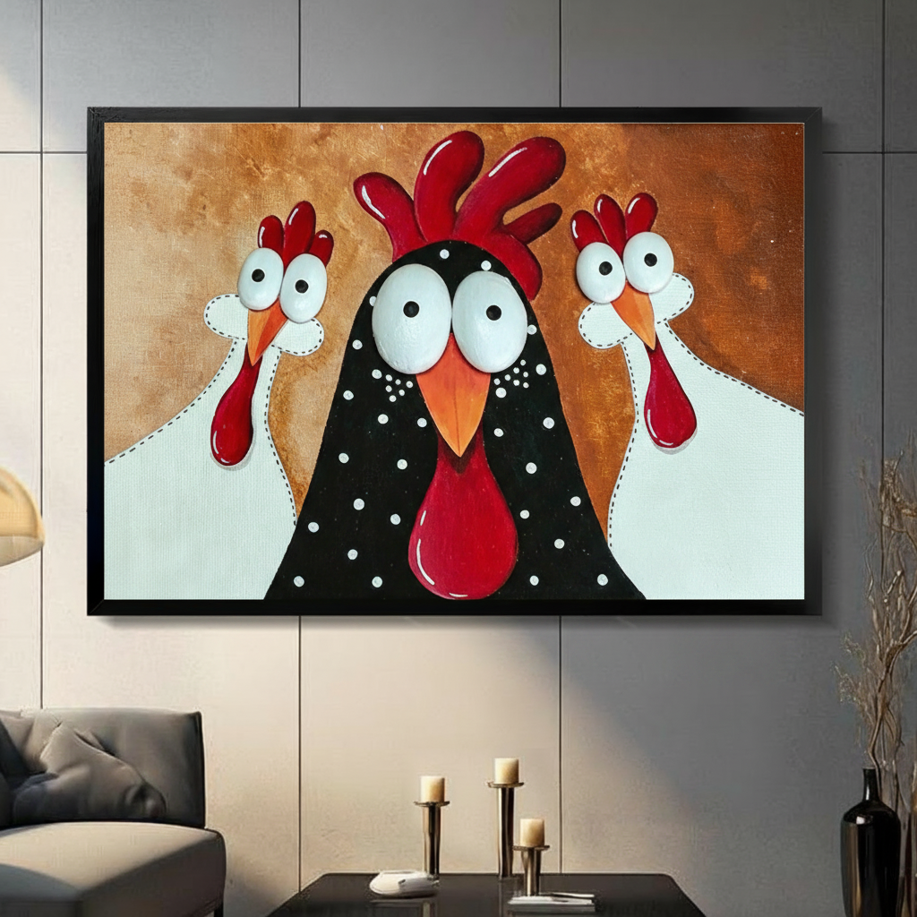 Black framed funny rooster and two chickens canvas art with three bug-eyed cartoon birds — a black polka-dot rooster flanked by two white hens with red combs on a warm golden brown textured background, hung above a dark sofa in a moody living room