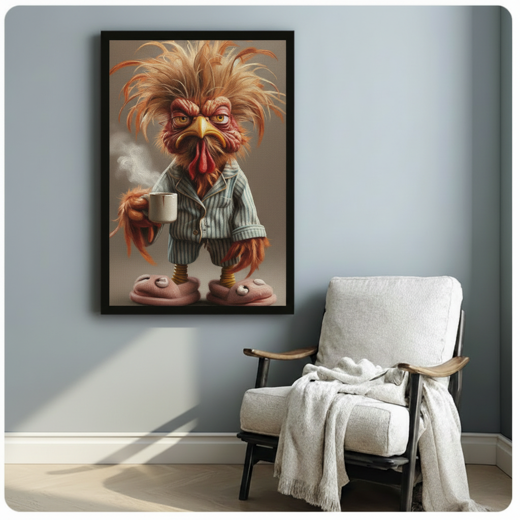 Framed portrait wall art of a grumpy wild-haired rooster in striped pajamas and pink slippers holding a steaming mug, hung in a contemporary dark living room