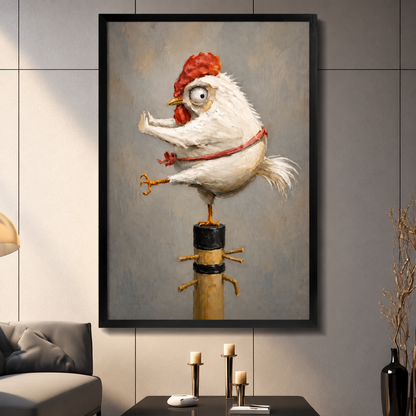 Framed canvas wall art featuring a quirky white rooster with a red comb holding a golden key while balancing on a wooden post, displayed in a modern living room