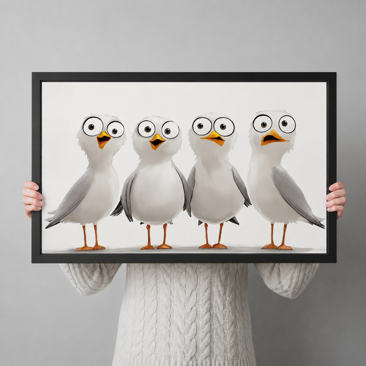 Person in cream knit sweater holding large black framed print of four cute cartoon seagulls with big eyes, funny bird wall art gift idea
