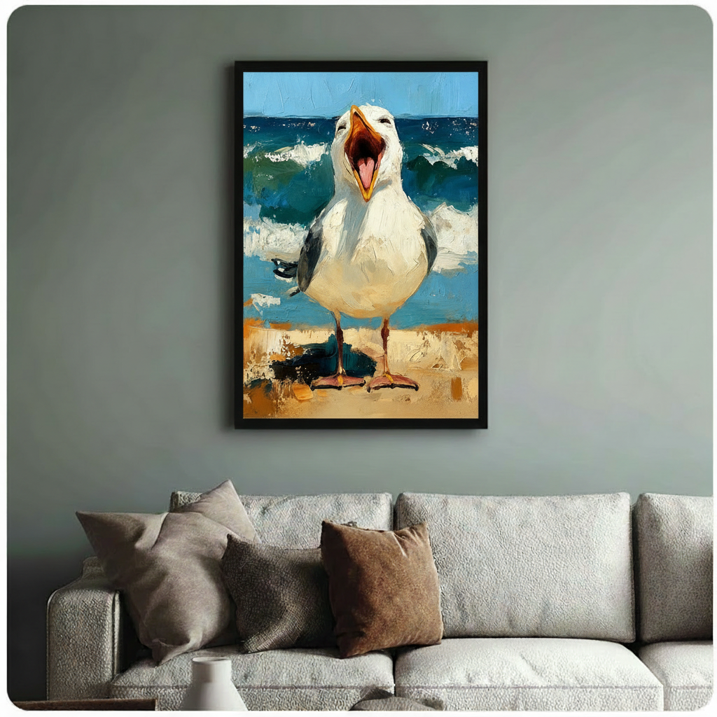 Funny seagull beach oil painting framed canvas art displayed above a light grey sofa in a modern American living room, bold coastal wall decor