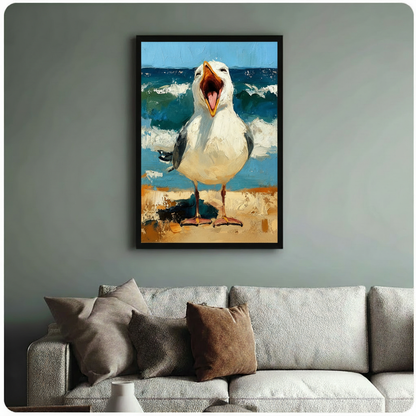 Funny seagull beach oil painting framed canvas art displayed above a light grey sofa in a modern American living room, bold coastal wall decor