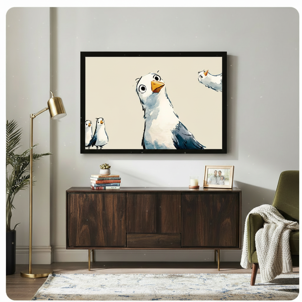Large framed seagull watercolor print hung above a wooden sideboard in a cozy living room — quirky bird art for wall decoration