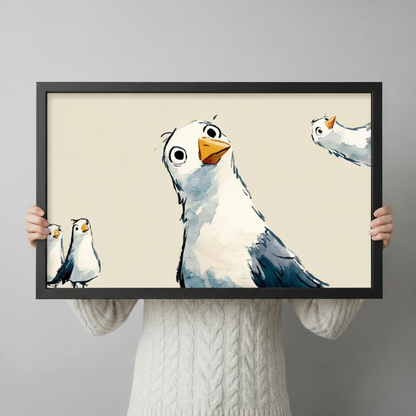 Person holding a framed seagull watercolor art print to show size — funny bird canvas wall art gift idea