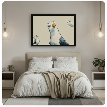 Funny seagull framed art print displayed above a bed in a minimalist bedroom — whimsical bird wall decor for bedroom