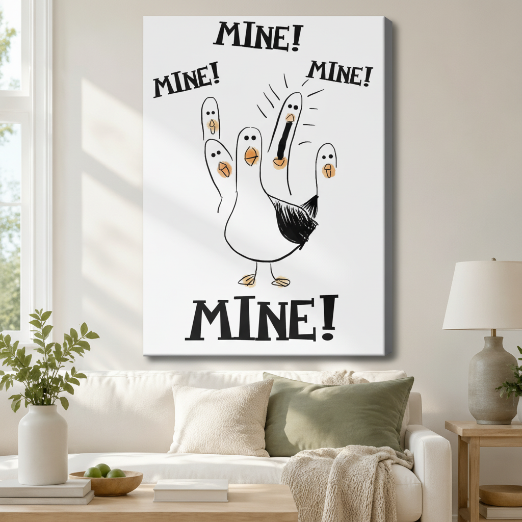 Stretched canvas funny seagull Mine wall art featuring a whimsical white seagull with five tiny seagull chicks perched on its raised fingers all crying Mine in bold hand-lettered black text on a crisp white background, hung above a white sofa with sage green pillows in a bright living room