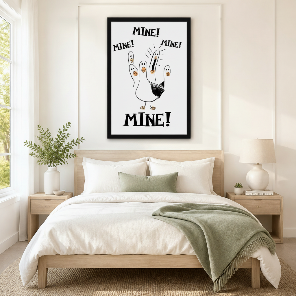 Black framed funny seagull Mine canvas art with a whimsical white seagull raising five finger-shaped chicks and bold hand-lettered Mine Mine Mine text on a crisp white background, hung above a light wood bed with white linen bedding and a sage green throw in a serene Scandinavian bedroom