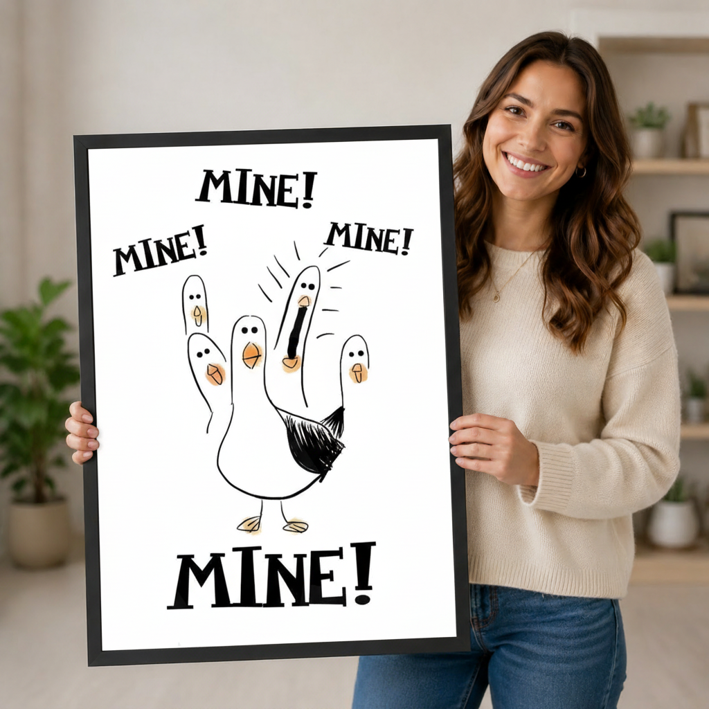 Smiling woman in a cream sweater holding a large black framed funny seagull Mine canvas art print with a cartoon white seagull raising five tiny baby seagulls on its fingers and bold Mine Mine Mine text on a white background