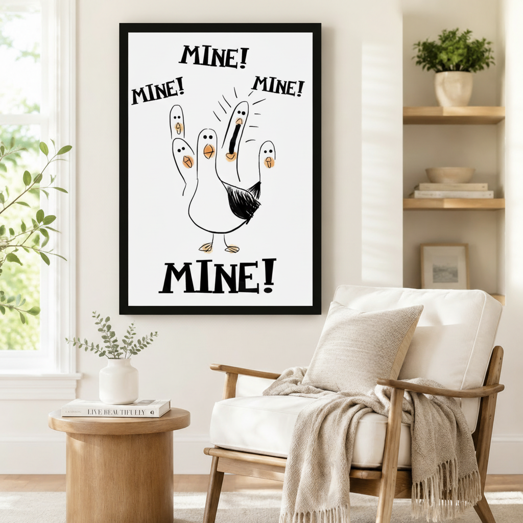 Black framed funny seagull Mine canvas art showing a cartoon white seagull holding up five finger-shaped baby seagulls with bold Mine Mine Mine lettering scattered around on a clean white background, displayed beside a white linen armchair with a cream throw in a cozy reading nook