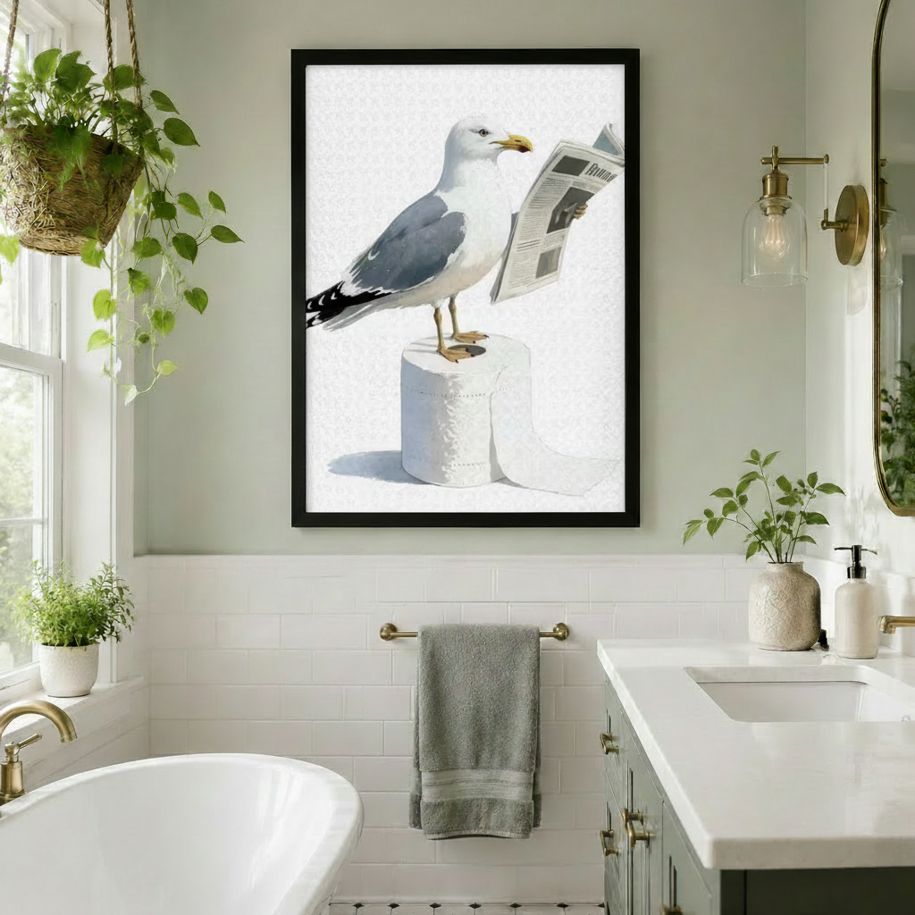 Funny seagull newspaper toilet paper framed wall art in a bright white bathroom with a freestanding bathtub subway tile walls brass fixtures hanging potted plants and double vanity
