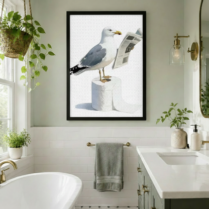 Funny seagull newspaper toilet paper framed wall art in a bright white bathroom with a freestanding bathtub subway tile walls brass fixtures hanging potted plants and double vanity