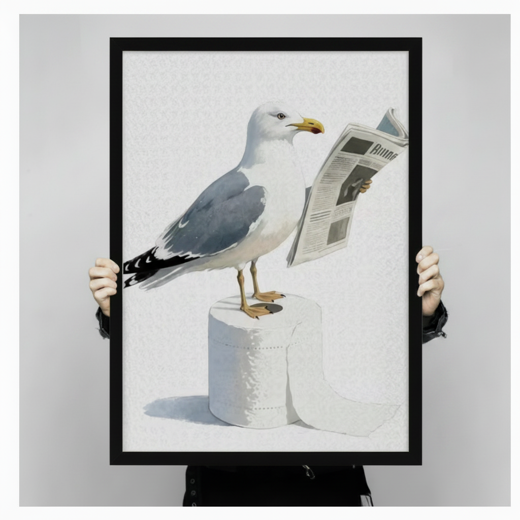 Person holding a large framed funny seagull reading a newspaper print standing on toilet paper rolls humorous coastal bird bathroom wall art on a light gray background