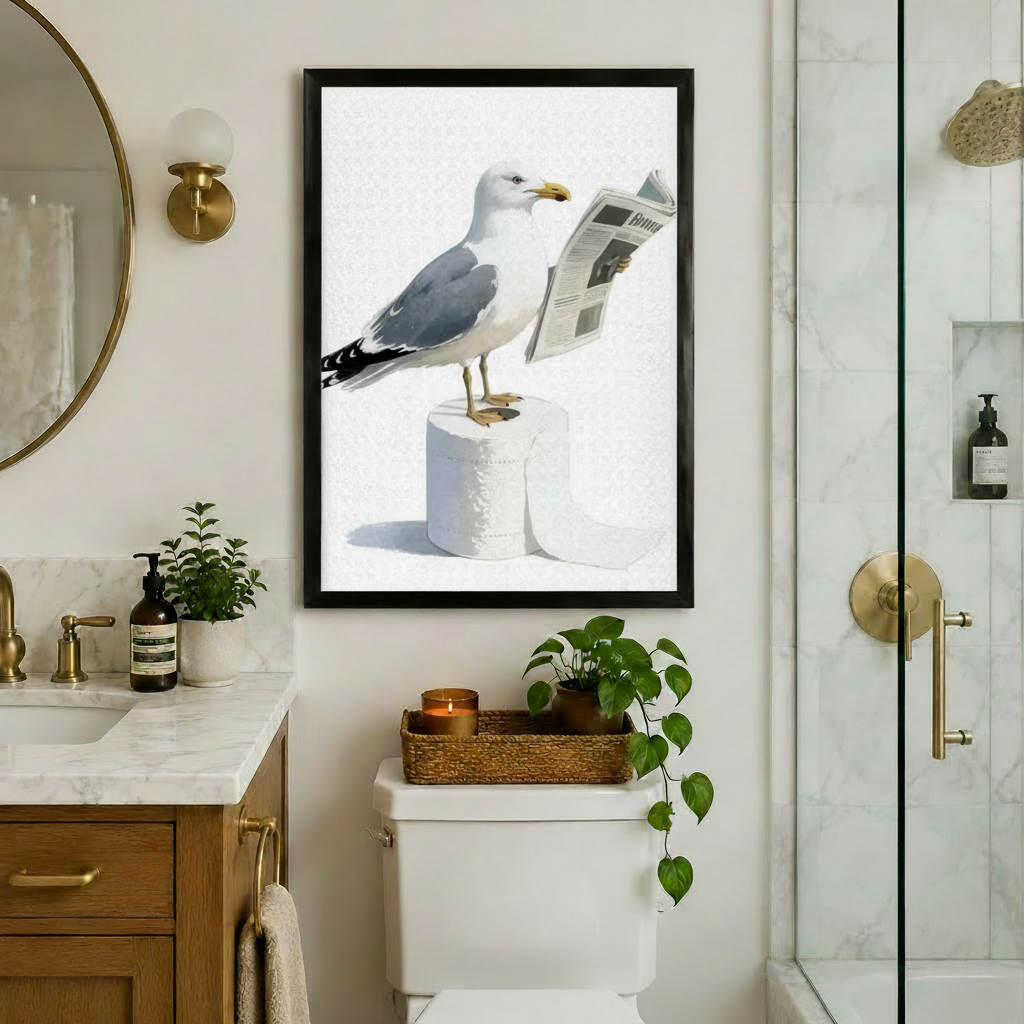 Whimsical seagull reading newspaper on toilet paper rolls framed bathroom wall art above a white toilet in a luxury bathroom with marble countertop gold fixtures round mirror and trailing potted plants