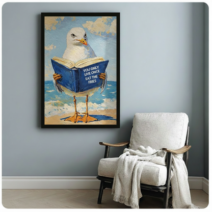 Oil painting style funny seagull reading You Only Live Once Eat The Fries book in black frame on a light blue-gray wall beside a white wooden armchair with a draped cream throw blanket
