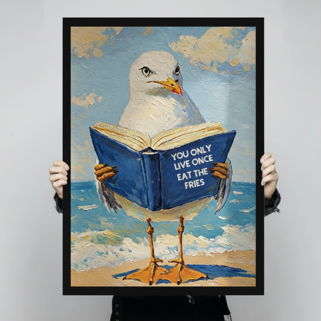 Person holding a black framed funny seagull beach quote art print showing full oil painting detail of a seagull reading a blue book with You Only Live Once Eat The Fries text against a light gray backdrop