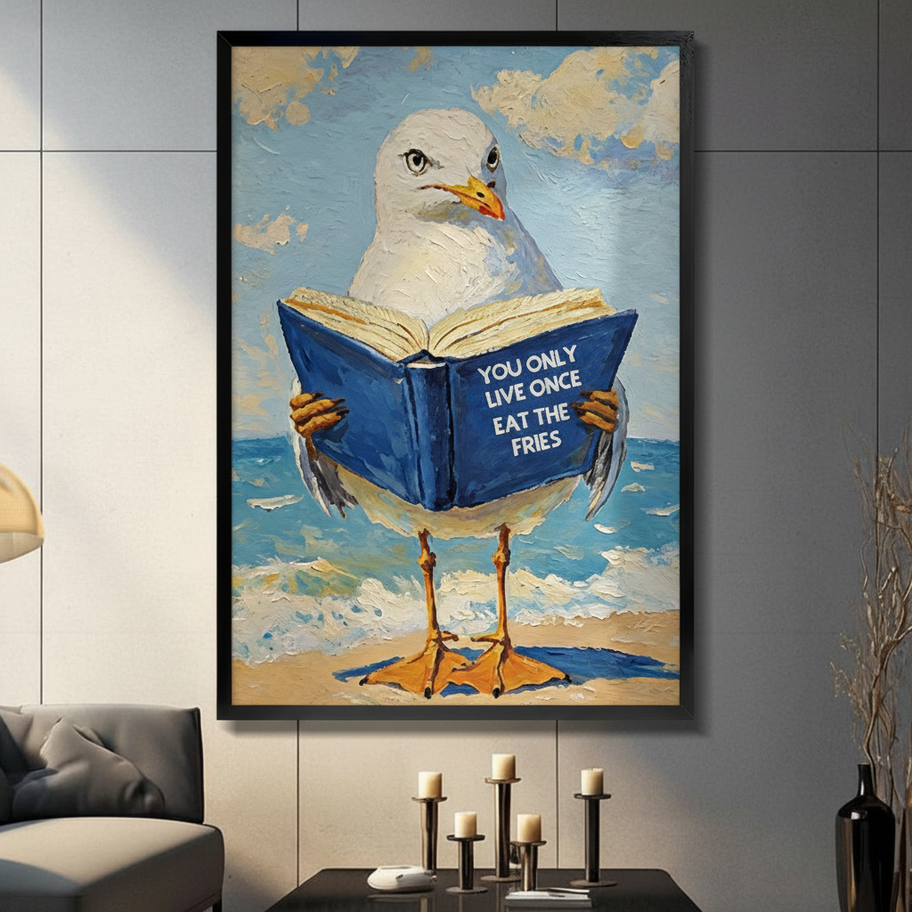 Funny seagull reading a book with You Only Live Once Eat The Fries quote oil painting style framed wall art on a dark gray living room wall above a console table with black candle holders, a gray sofa, and a tall black vase