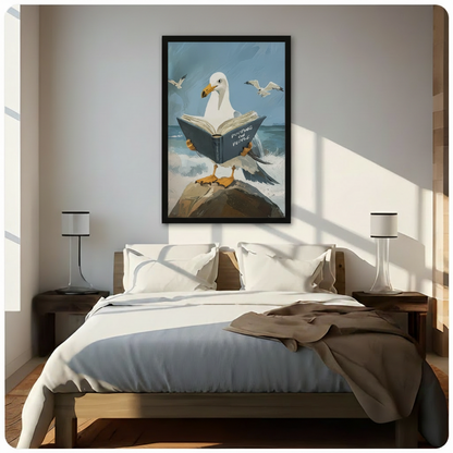 Humorous seagull reading canvas wall art above bed in sunlit minimalist bedroom with dark wood nightstands and white bedding