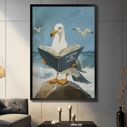 Funny seagull reading book black float frame canvas wall art on gray tile wall above dark console table with pillar candles
