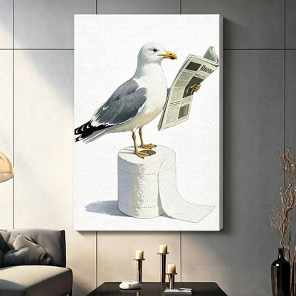 Whimsical seagull reading newspaper on toilet paper roll, gallery wrap canvas wall art with no frame, hung in a modern dark gray living room with candlestick decor