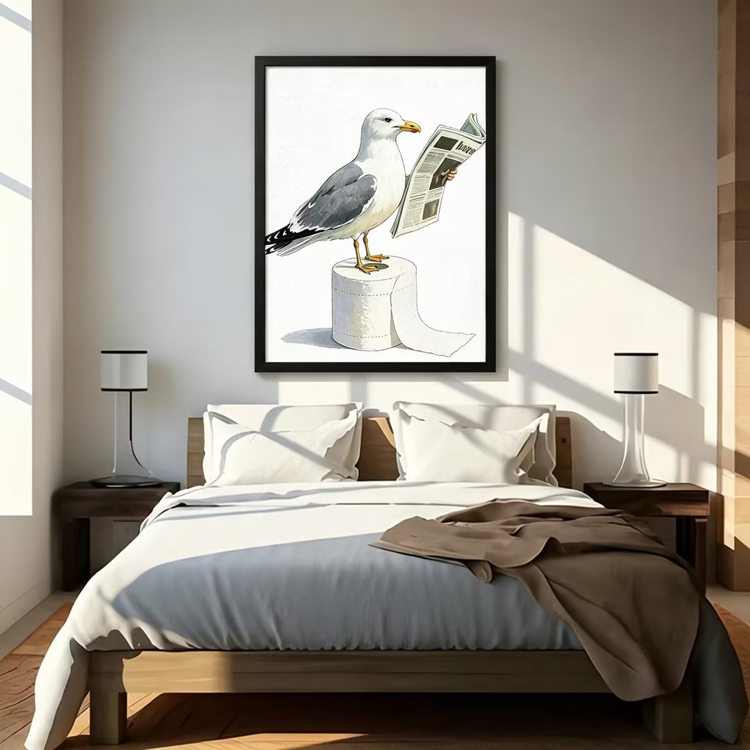 Humorous seagull reading newspaper framed wall art above a bed with white linen bedding, wooden nightstands and modern table lamps, funny bird canvas print bedroom decor