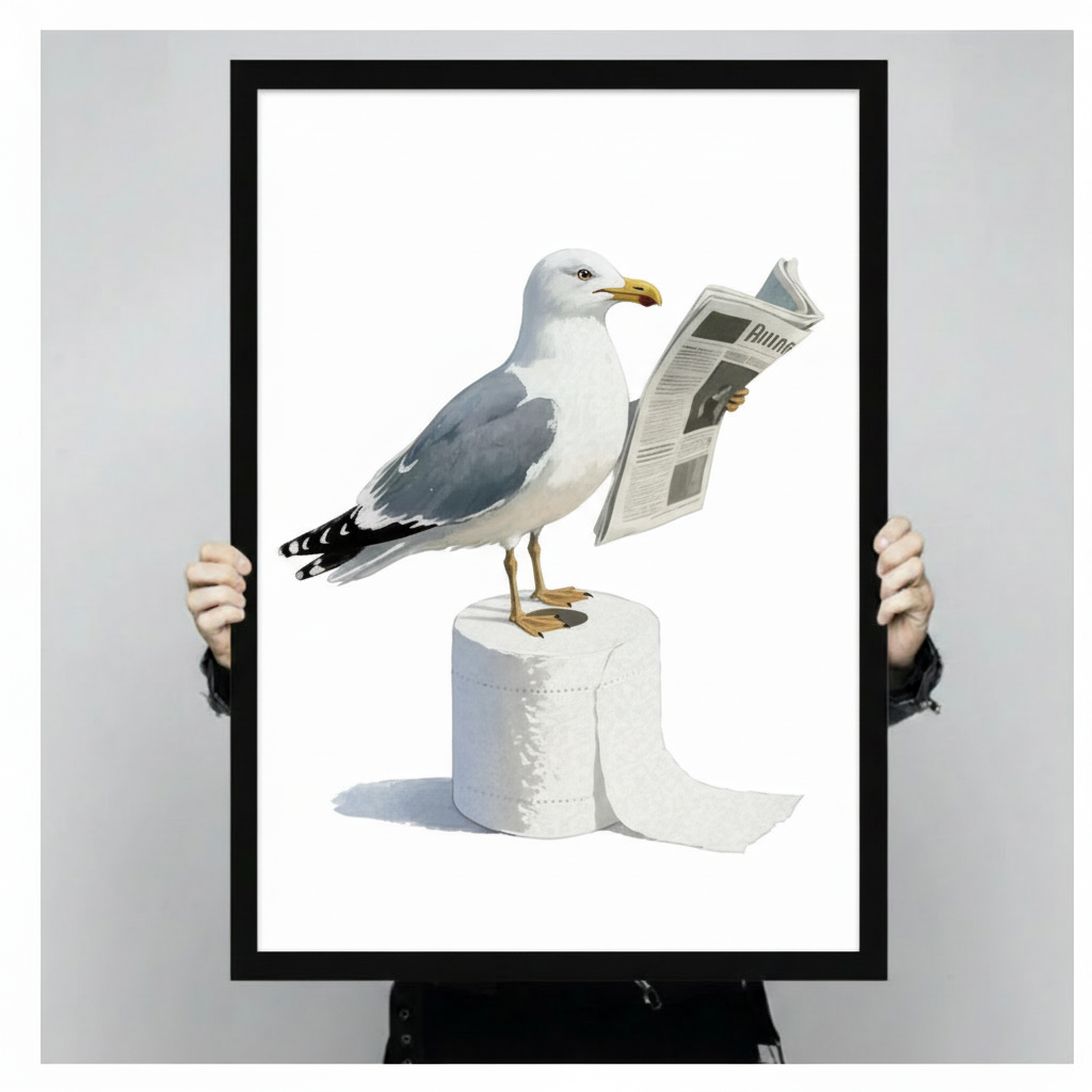 Funny seagull on toilet paper roll reading newspaper in black frame held up against a light gray backdrop, whimsical bird canvas wall art print