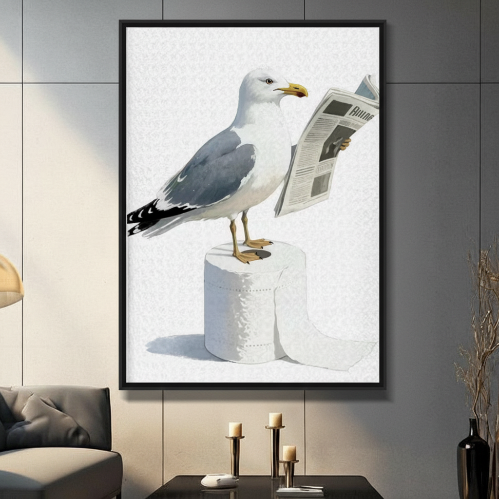 Funny seagull standing on toilet paper roll reading a newspaper, framed canvas wall art in black frame, displayed in a dark gray living room with candlestick holders on a console table